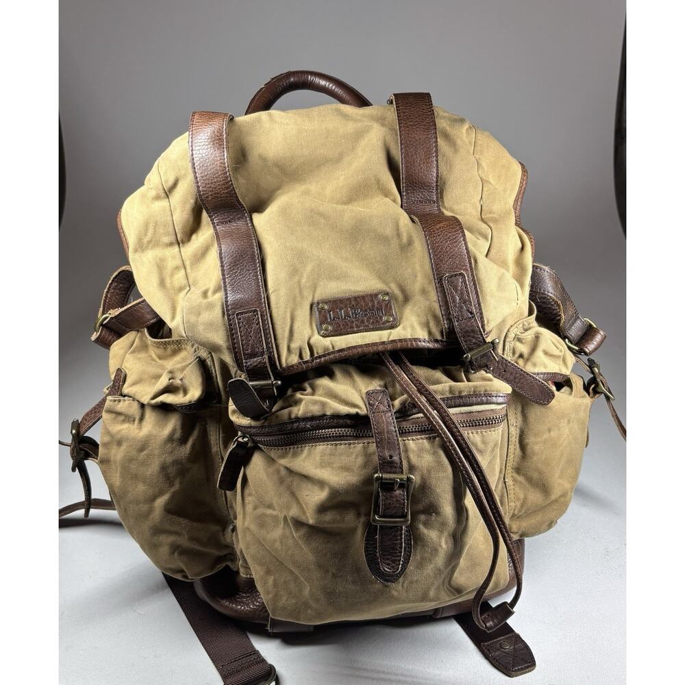 VINTAGE LL Bean Backpack Brown Beige Canvas Leather Rucksack Durable Outdoors